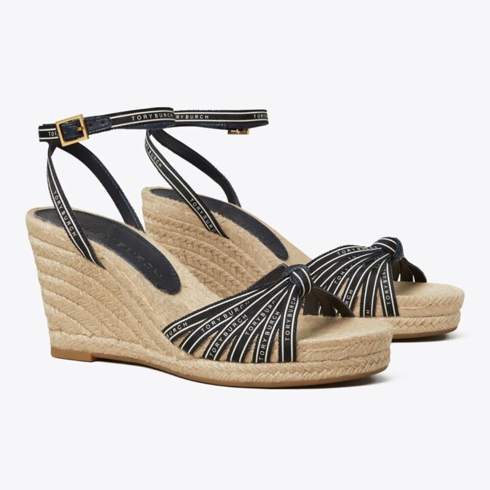 Tory Burch Ribbon Espadrille Wedge Jute Sandal Perfect Navy Size 10M